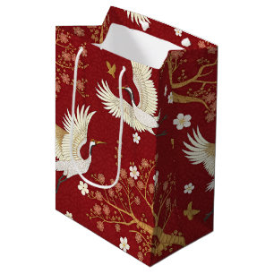 Red Crown Crane Sakura Pattern (1) Medium Gift Bag