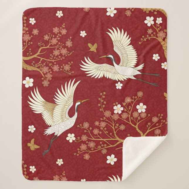 Red Crown Crane Sakura Pattern (1) Sherpa Blanket (Front)
