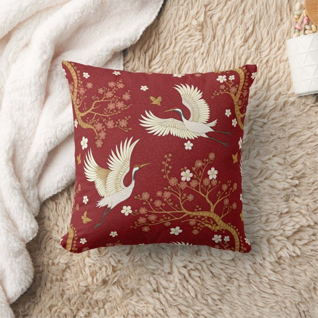Red Crown Crane Sakura Pattern (1) Throw Pillow (Blanket)