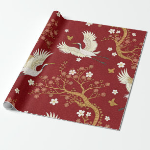 Red Crown Crane Sakura Pattern (1) Wrapping Paper