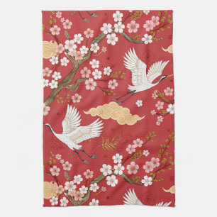 Red Crown Crane Sakura Pattern (2) Kitchen Towel