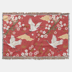 Red Crown Crane Sakura Pattern (2) Throw Blanket