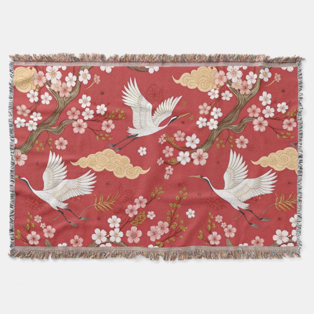 Red Crown Crane Sakura Pattern (2) Throw Blanket (Front)