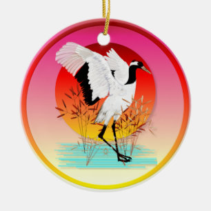 Red Crowned Crane and Setting Sun Ornaments
