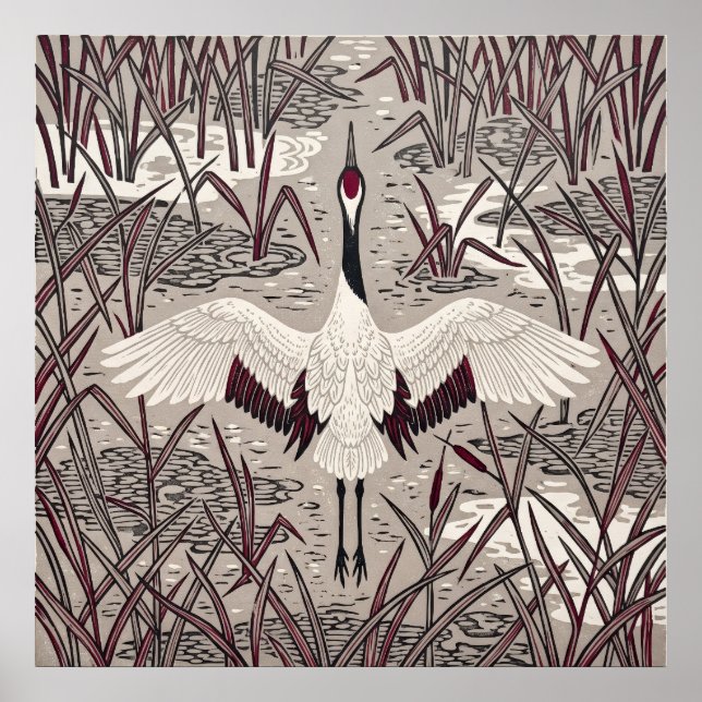 Red Crowned Crane Reeds Poster (Front)