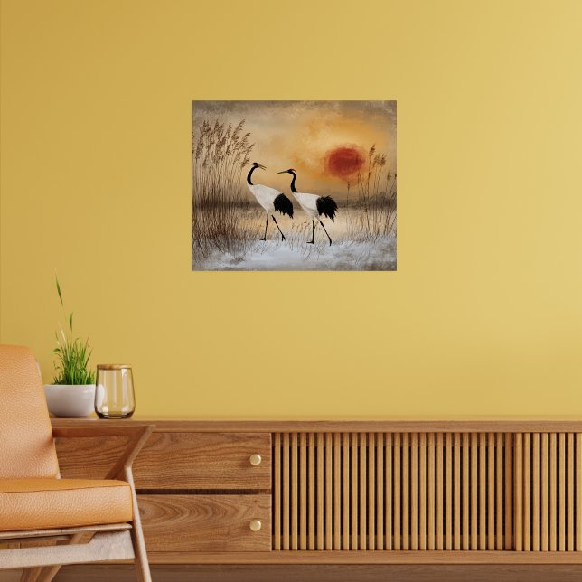 Red crowned cranes, watercolor artwork, poster (Living Room 2)
