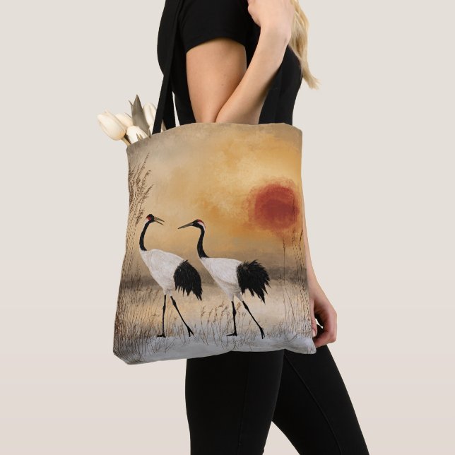 Red crowned cranes, watercolor artwork, tote bag (Close Up)