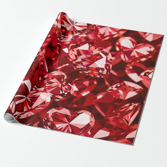 Red Crystal Diamond Hearts Wrapping Paper (Unrolled)