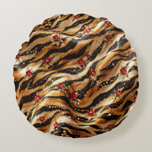 Red Crystal Rose Tiger Fabric Round Pillow
