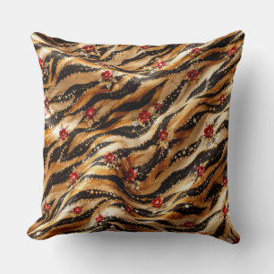 Red Crystal Rose Tiger Fabric Throw Pillow