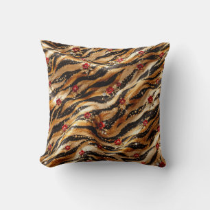 Red Crystal Rose Tiger Fabric Throw Pillow