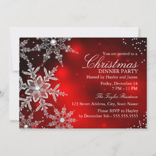 Red Crystal Snowflake Christmas Dinner Party Invitation