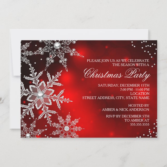 Red Crystal Snowflake Christmas Dinner Party Invitation (Front)