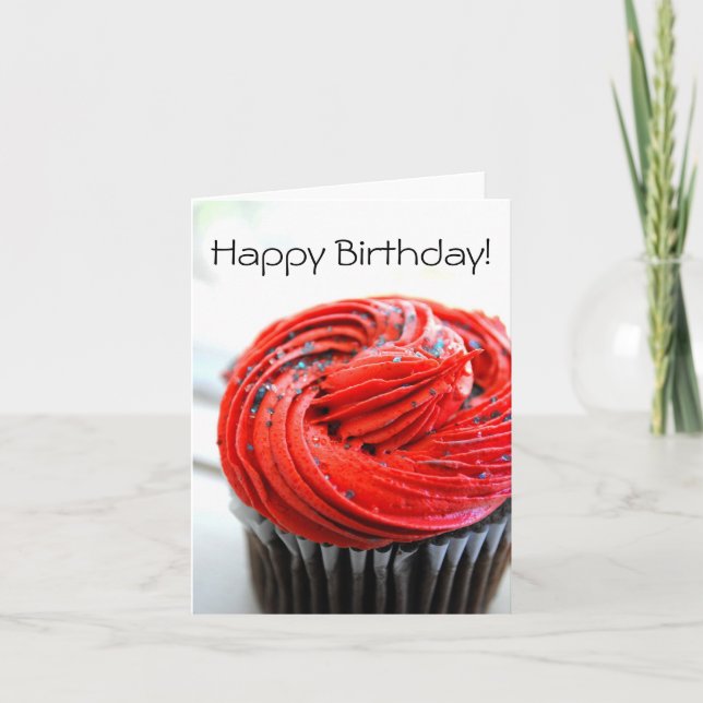 Red Cupcake Photograph Happy Birthday Card (Front)