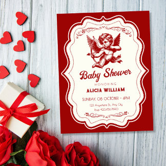 Red cupid angel baby shower invitation