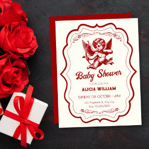 Red cupid angel baby shower invitation