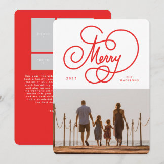 Red Cursive Colorful Merry Flourish Photo Holiday Card