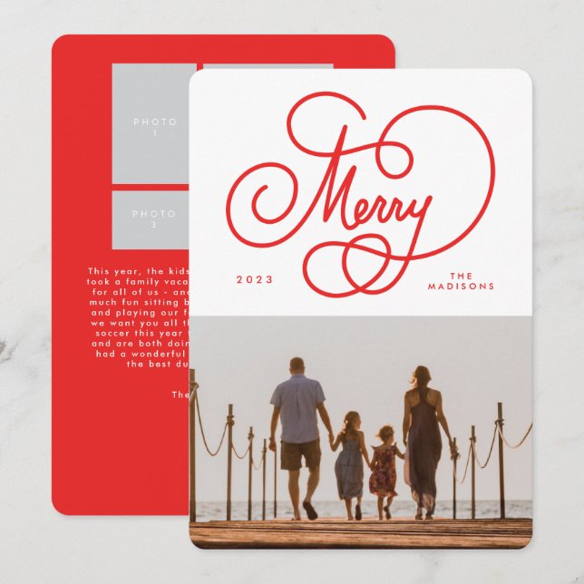 Red Cursive Colorful Merry Flourish Photo  Holiday Card (Front/Back)
