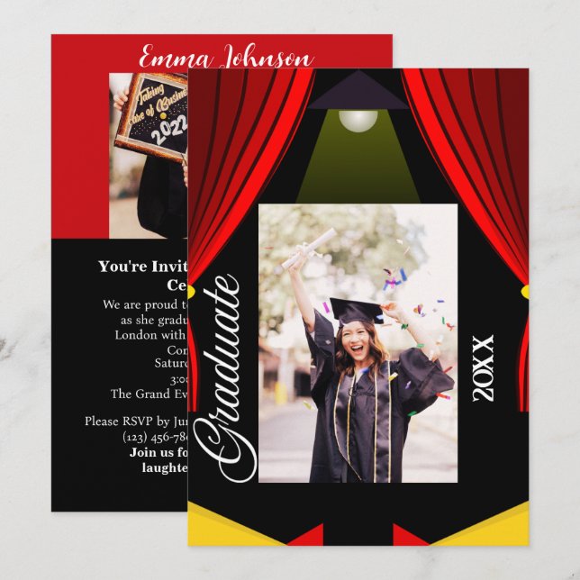 Red Curtain Black & Yellow Photo Graduation Grad Invitation (Front/Back)