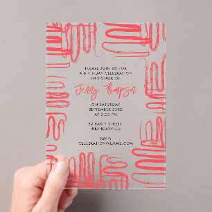 Red Curve Wavy Squiggle Abstract Birthday Party Acrylic Invitations