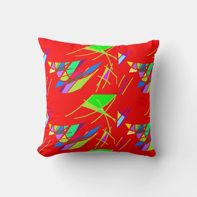 Red Cushion with green blue patterns (Front)