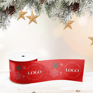 Red Custom Business Logo & Snowflake Christmas  Satin Ribbon