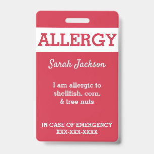 Red Custom Kids Food Allergy Alert Personalized Badge
