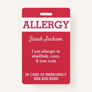 Red Custom Kids Food Allergy Alert Personalized Badge