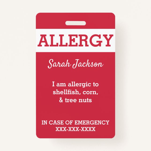 Red Custom Kids Food Allergy Alert Personalized Badge (Front)