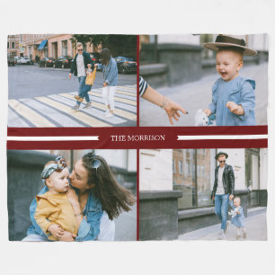 Red Custom Photos Collage Family Name Personalized Fleece Blanket