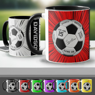 Red Custom Soccer Ball Birthday Age Name  Mug