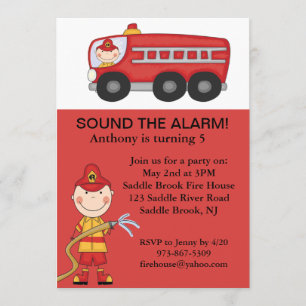 Red, Cute Fireman Boys Birthday Invitation