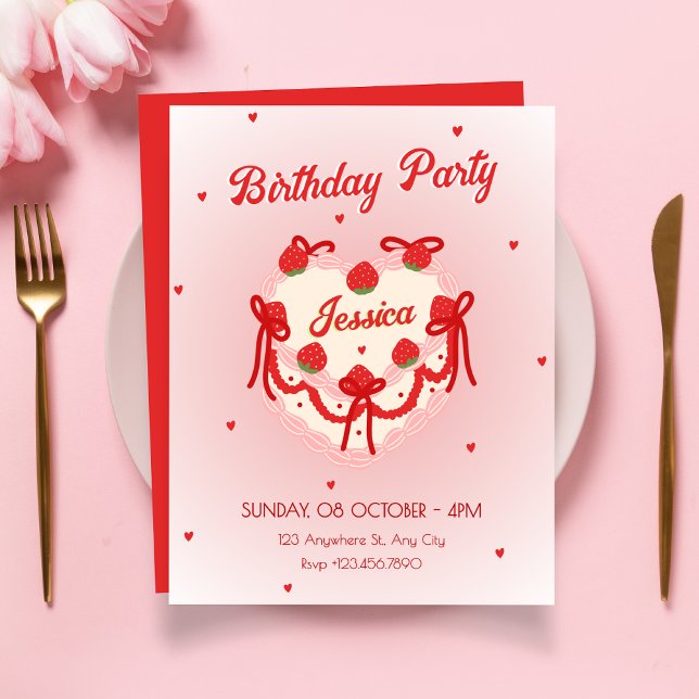 Red cute heart birthday cake  invitation (Creator Uploaded)