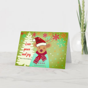 Red Cute Reindeer Christmas Tree Snowflake Vintage Card