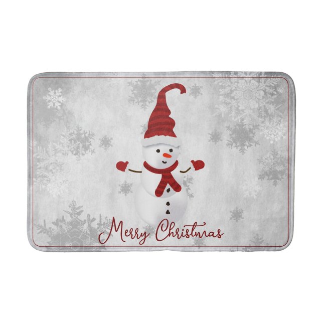 Red Cute Snowman Holiday Bath Mat (Front)