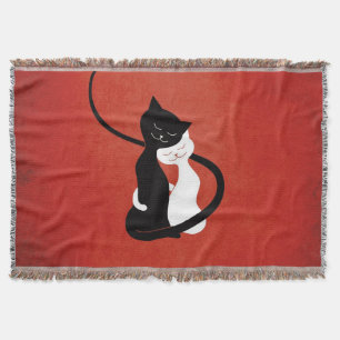 Red Cute White And Black Cats In Love Throw Blanket