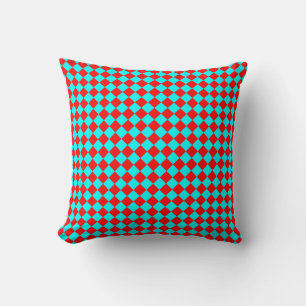 Red Cyan Chequered Diamond Pattern Throw Pillow