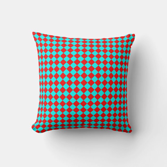 Red Cyan Chequered Diamond Pattern Throw Pillow (Front)