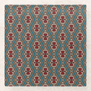 Red Cyan Copper Azulejos Tile Pattern Elegance Glass Coaster