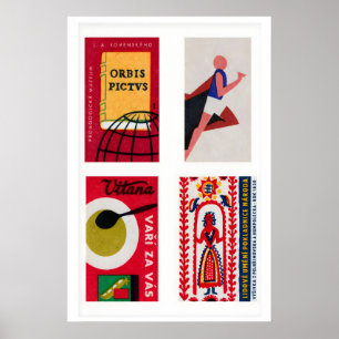 Red Czechoslovak Matchbox Labels Grid Print