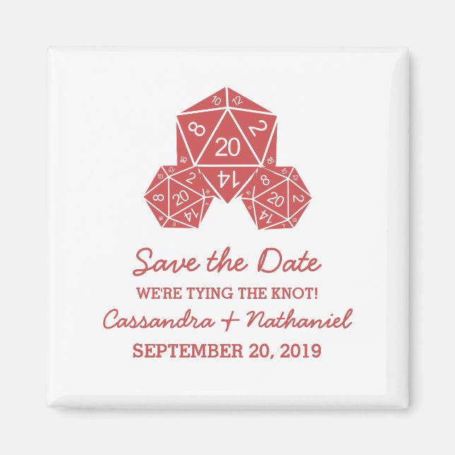 Red D20 Dice Save the Date Magnet (Front)