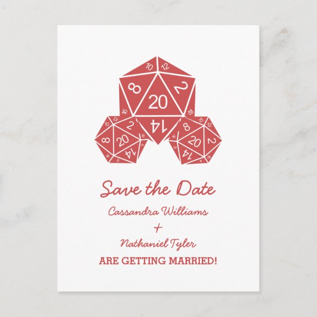 Red D20 Dice Save the Date Postcard (Front)