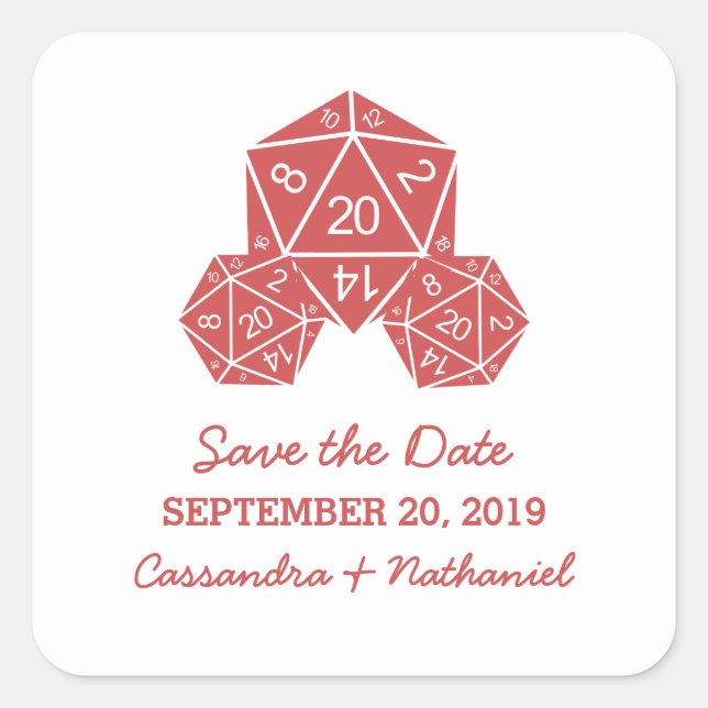 Red D20 Dice Save the Date Stickers (Front)