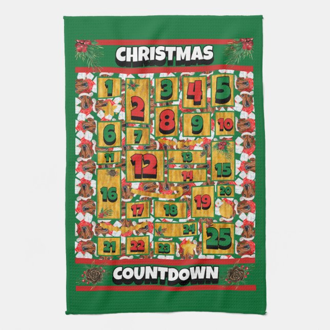 Red Dachshund Dog Countdown Christmas Advent Kitchen Towel (Vertical)