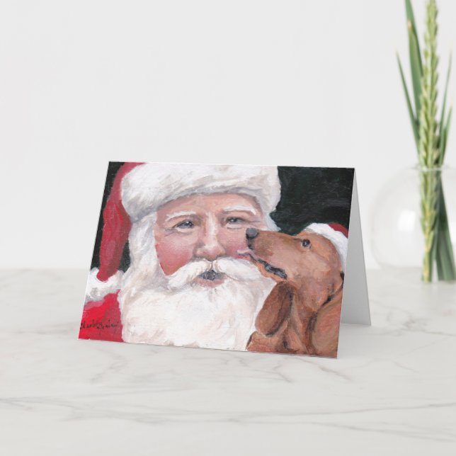 Red Dachshund Kissing Santa Claus Dog Art Greeting Card (Front)