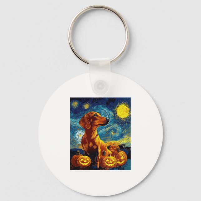 Red Dachshund of van gogh starry night halloween F Keychain (Front)