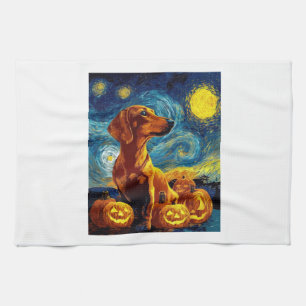 Red Dachshund of van gogh starry night halloween F Kitchen Towel