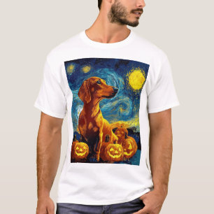 Red Dachshund of van gogh starry night halloween F T-Shirt