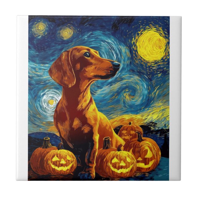 Red Dachshund of van gogh starry night halloween F Tile (Front)