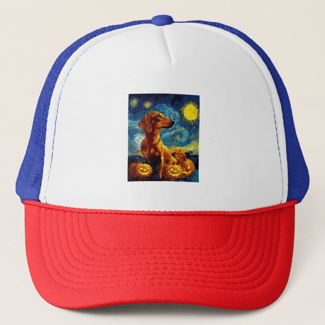 Red Dachshund of van gogh starry night halloween F Trucker Hat (Front)